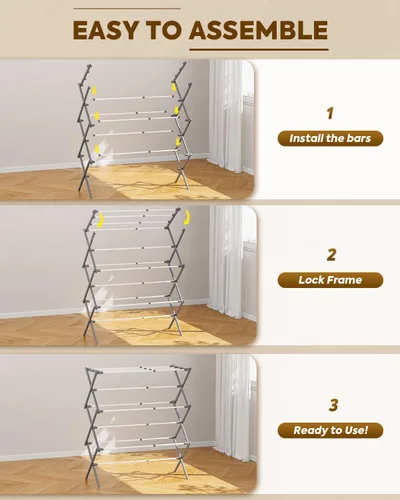 Miniatura 5 de KINGBOARD Tendedero de secado de ropa, plegable con 11 postes, estante de secado de ropa de 3 niveles, estante de secado de ropa pequeño plegable