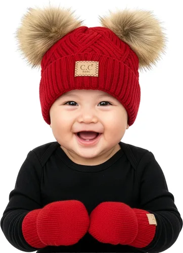 Miniatura 23 de Funky Junque Conjunto de gorro y mitones con doble pompón de pelo sintético para bebé – Gorro de invierno para recién nacidos de 0–9 meses