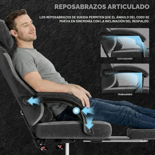 Miniatura 8 de SUKIDA Silla ergonómica de videojuegos de tela, sillas ergonómicas de respaldo alto para juegos de computadora con gran masaje ajustable, soporte