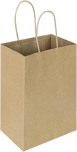 Miniatura 5 de Oikss Paquete de 100 bolsas pequeñas de papel kraft natural liso de 5.25 x 3.25 x 8.25 pulgadas, con asas, a granel para fiestas de cumpleaños
