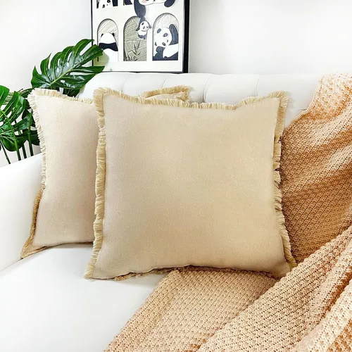 Miniatura 10 de Juego de 2 fundas de almohada decorativas marrones de 18 x 18 pulgadas, fundas de almohada modernas de granja con borlas de flecos, suaves