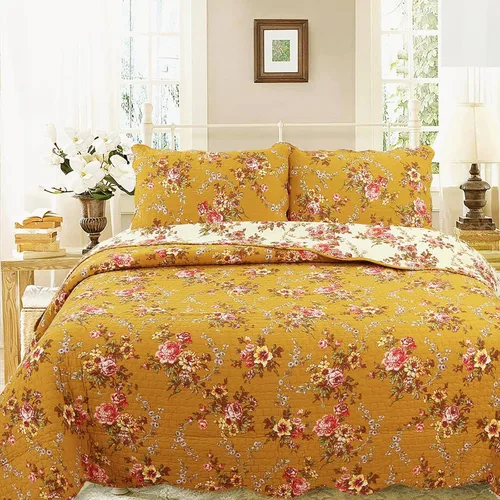 Miniatura 14 de Cozy Line Home Fashions Lelia Rosa Pink Floración Floral Vintage Amarillo Juego de Ropa de Cama Edredón Reversible 100% Algodón, Colcha Cubrecama