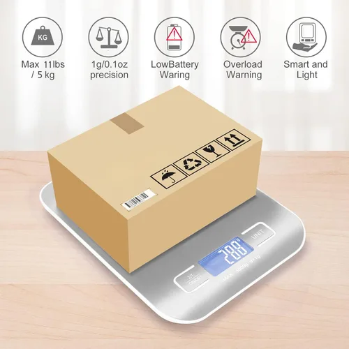 Miniatura 4 de Báscula digital de envío, panel de acero inoxidable, precisa de 5 kg/1 g, portátil, para paquetes, negocios pequeños, cocina, alimentos, artículos