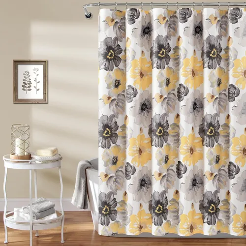Lush Decor Leah Cortina de Ducha Floral, 72" An x 72" L, Amarillo y Gris - Cortinas de Ducha de Tela - Cortina de Baño Botánica de Acuarela -