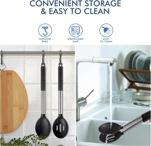 Miniatura 3 de HOTEC Cuchara de cocina grande de silicona resistente al calor de 446 °F, cucharas ranuradas sólidas sin BPA, utensilios de cocina antiadherentes
