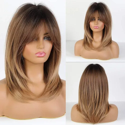 Miniatura 12 de Alanhair MEACO - Pelucas color castaño rojizo para mujer, pelucas largas en capas naranjas con flequillo, pelucas de fibra sintética resistentes al