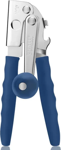 Abridor de latas comercial, UHIYEE abrelatas manual de mano con manivela pesada y mango extra largo cómodo, perilla grande, fácil de abrir latas Azul