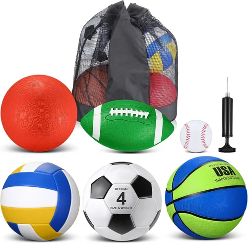 Miniatura 10 de Realspring Juego de 6 pelotas deportivas múltiples para niños y adolescentes, tamaño oficial, fútbol, voleibol, pelota de juegos infantiles, béisbol
