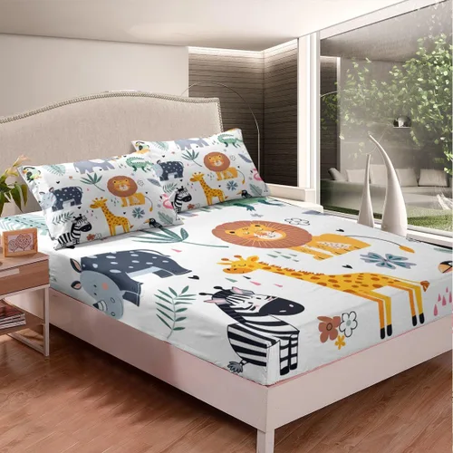 Miniatura 3 de Feelyou Juego de sábanas bajeras de animales salvajes de animales salvajes con dibujos animados, safari salvaje, juego de ropa de cama para niños
