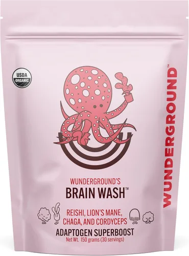Wunderground Brain Wash - Polvo orgánico superboost de hongos para café, té y agua, Cordyceps, melena de león, chaga y hongos adaptogénicos Reishi
