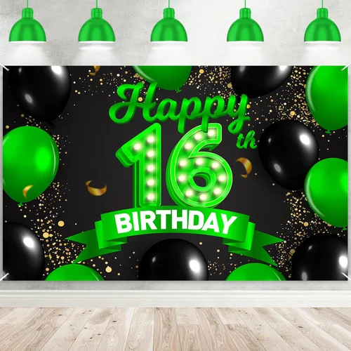 Miniatura 42 de Cartel de feliz cumpleaños 26 verde y negro, telón de fondo con texto en inglés "Cheers to 26 years old confeti", globos de confeti, decoración