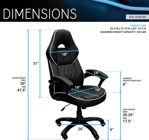 Miniatura 3 de Techni Mobili Silla ejecutiva de piel sintética con reposabrazos acolchados, silla de oficina de estilo de carreras ajustable en altura con control