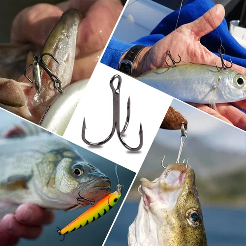 Miniatura 6 de Anzuelos triples de pesca de acero de alto carbono con púas afiladas redondas curvadas para cebo de señuelos duros Negro