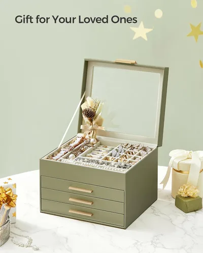 Miniatura 7 de SONGMICS Joyero organizador con tapa de cristal, almacenamiento de joyas de 4 capas, con 3 cajones, estilo moderno, 8 x 9.1 x 6.5 pulgadas