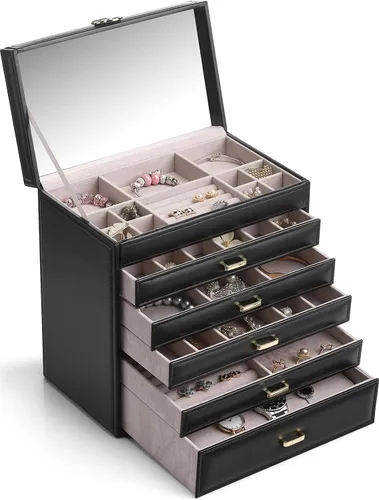 Vlando Joyero grande de 6 niveles para mujer, organizador de joyas grande con espejo, organizador de joyas para cajón, collar, anillo, pulsera y