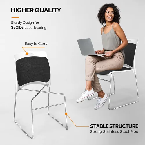 Miniatura 6 de VINGLI Juego de 4 sillas apilables de oficina con base de trineo de metal, asiento y respaldo ergonómicos acolchados de plástico, capacidad de 350
