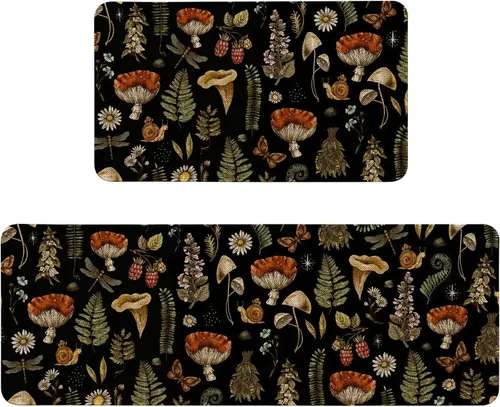 Miniatura 24 de Alfombras de Cocina Vintage Negras y Verdes Botánicas, Juego de 2 Alfombras de Cocina Antideslizantes Lavables, Tapetes de Cocina con Helechos