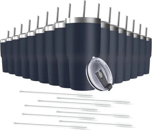 Miniatura 11 de Taza de viaje de acero inoxidable de 30 onzas con tapa, paquete de 6 vasos de doble pared aislados al vacío a granel con 6 pajitas, taza de café