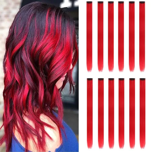 Miniatura 11 de Paquete de 12 extensiones de cabello de colores arcoíris, mechones para fiestas, 22 pulgadas, extensiones de cabello coloridas con clip, mechones