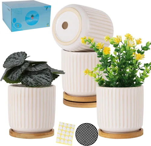 Miniatura 9 de Macetas de cerámica de 4 pulgadas con agujeros de drenaje, maceta moderna de patrón vertical con platillo para plantas de interior, suculentas