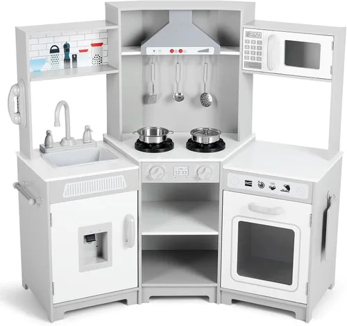 JOYLDIAS Cocina de juego para niños, esquina de madera con luces y sonidos realistas, horno microondas, dispensador de agua, teléfono, fregadero,