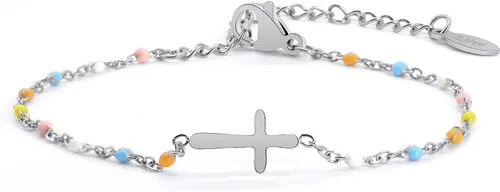 Miniatura 16 de Pulsera de Cuentas con Cruz Chapada en Oro de 14K para Mujeres, Pulsera de Acero Inoxidable Ajustable con Cruz de Fe Religiosa, Pulsera de Cadena