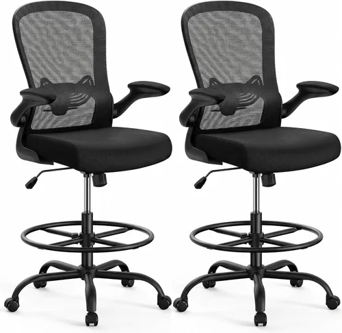 Miniatura 30 de ErGear Silla de dibujo, silla de escritorio de pie con reposabrazos abatibles, silla de escritorio alta altura ajustable, silla de oficina alta Negro