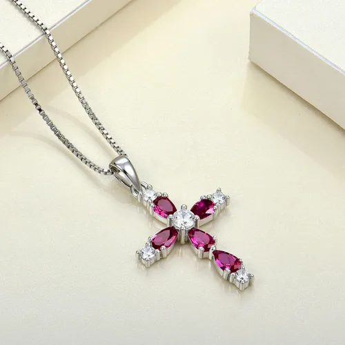 Miniatura 19 de YL Collar de cruz de plata de ley 925 con colgante de piedra natal religiosa para mujer