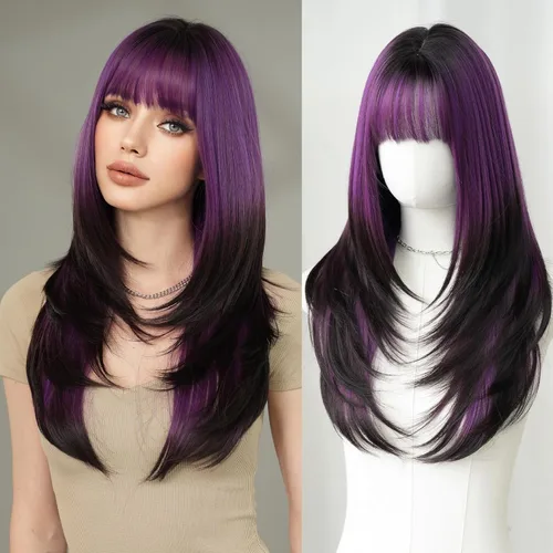 Miniatura 18 de 7JHH WIGS - Peluca de cabello sintético largo y liso con flequillo para mujer, aspecto natural (22 pulgadas, té negro)
