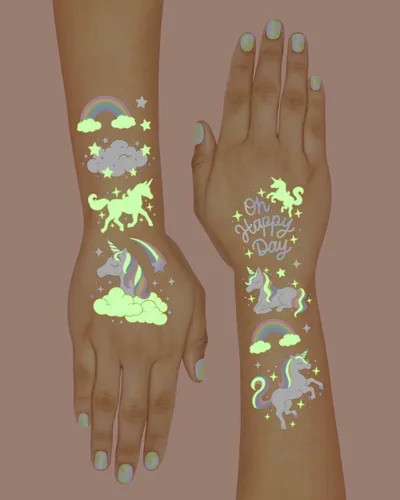 Miniatura 4 de xo, Fetti Recuerdos de fiesta de unicornio arcoíris – Tatuajes temporales – 46 estilos que brillan en la oscuridad Suministros para fiesta