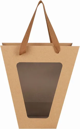 Miniatura 8 de Paquete de 10 bolsas de regalo con asas y ventana transparente, bolsas de papel kraft trapezoidales, bolsas de envoltura de ramo de flores, bolsas