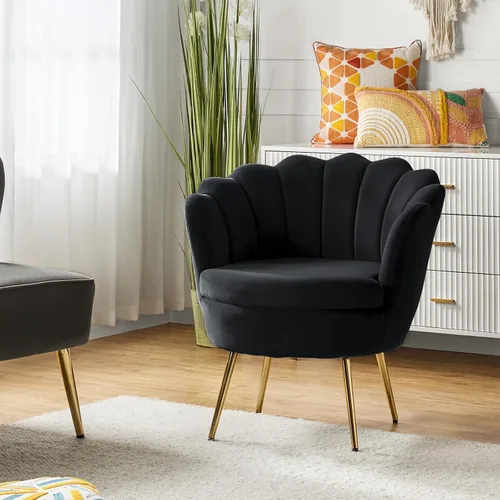 HULALA HOME Silla decorativa moderna de terciopelo con respaldo en forma de concha, bonito sillón para sala de estar, dormitorio con patas doradas,