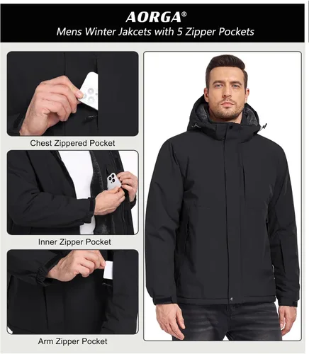 Miniatura 5 de Chaquetas de esquí para hombre, impermeables, chaquetas de nieve con forro de vellón, aisladas, parka pesada con capucha