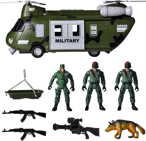 Miniatura 3 de JOYIN Vehículos militares Juego de juguete de helicóptero de transporte alimentado por fricción con sirena de luz y sonido, y figuras de acción