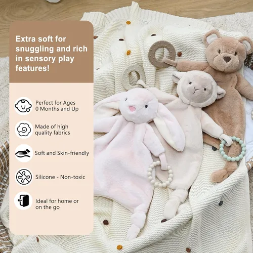 Miniatura 3 de Loveys para bebés, Lovey incluye mordedor de silicona, manta de seguridad de animales de peluche suave, juguete para acurrucarse, para niños y niñas