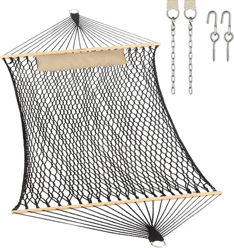 JoyView Hamaca doble de cuerda tradicional, hamaca de algodón tejida a mano con barra separadora de madera dura y almohada, capacidad de 450 libras