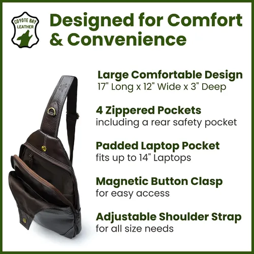 Miniatura 4 de Coyote Bay® HideSling - Bolso bandolera de cuero de grano completo para laptop, bolso bandolera grande, mochila de cuero para hombres y mujeres