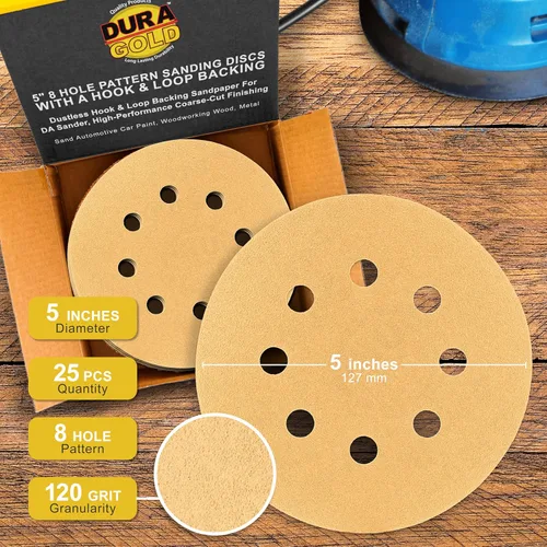 Miniatura 2 de Dura-Gold Discos de papel de lija premium de grano 120 de 5 pulgadas, patrón de 8 agujeros, sin polvo, 50 discos, soporte de gancho y bucle