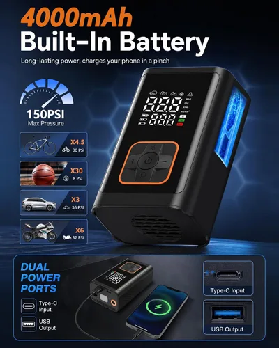 Miniatura 3 de Compresor de aire portátil para inflador de neumáticos: Bomba de aire inalámbrica de 150 PSI con batería de 4000 mAh, indicador digital de apagado
