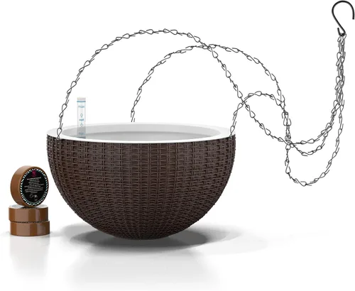 GARDENIX DECOR Maceta colgante de riego automático, 11 pulgadas para interiores, marrón, fibra de coco con indicador de nivel de agua, redonda, 1