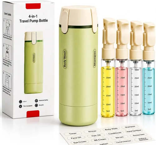 Botellas dispensadoras de viaje 4 en 1 para champú, recargables, a prueba de fugas, contenedores de tamaño compatible con TSA, artículos de tocador
