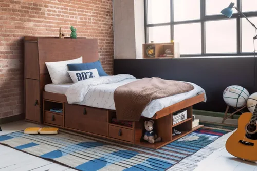 Miniatura 34 de Memomad Bali Slim Set: Plataforma de almacenamiento con cajones + Cabecero de panel plano (Tamaño completo, madera marrón roble)