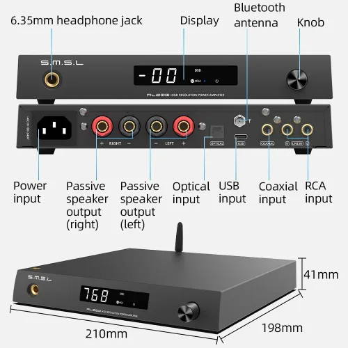 Miniatura 4 de S.M.S.L Amplificador estéreo integrado AL200, amplificador de auriculares de audio clase D de 2 canales, chip MA5332MS XMOS XU-316 MQA DSD nativo