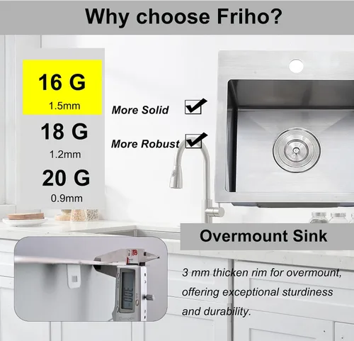 Miniatura 3 de Friho - Fregadero de barra de 15x15 pulgadas, fregadero de cocina pequeño de montaje superior, fregadero de 16 calibre hecho a mano de acero