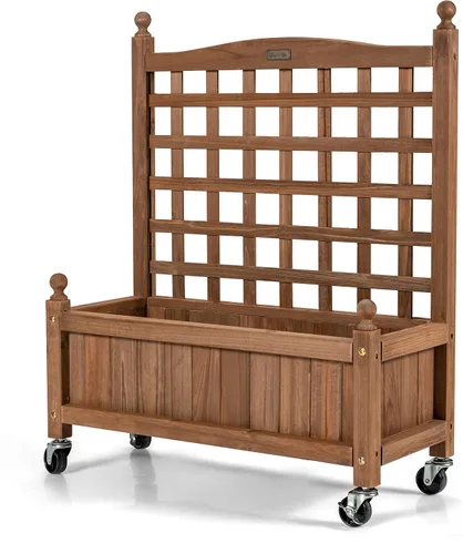 Miniatura 9 de Giantex Cama elevada móvil para plantas, maceta de madera con enrejado y ruedas, caja de flores para escalada de plantas, jardín vertical