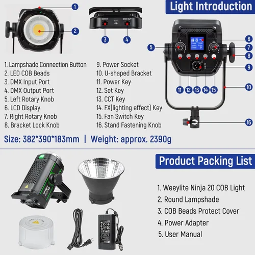 Miniatura 7 de Weeylite Luz de video LED de 200W 5600K, iluminación de fotografía de salida continua con CRI 95+TLCI 97+,79000 Lux@1M Bowens Mount & App Control
