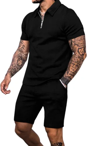 Babioboa Conjunto de camisa polo de manga corta y pantalones cortos para hombre, conjunto de verano de dos piezas con 3 bolsillos con cremallera,