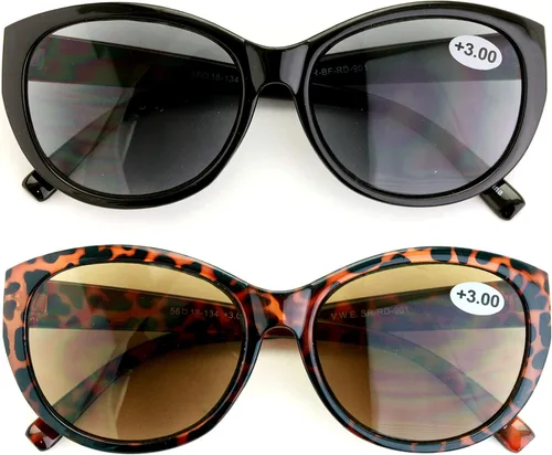 Miniatura 2 de 2 pares de lentes de sol de lectura para mujer, lentes de lectura para exteriores, estilo ojo de gato, vintage, ovalados (1 negro 1 tortuga, 3.00)