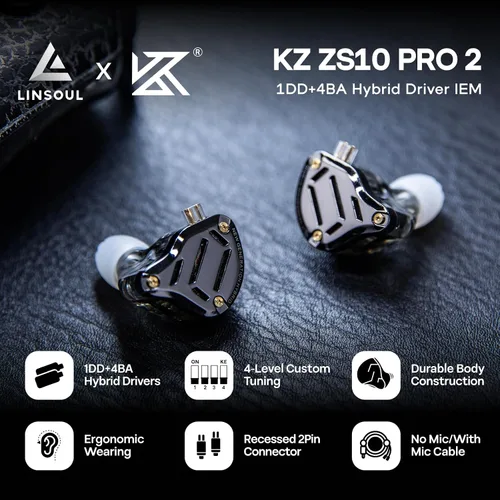 Miniatura 2 de Linsoul KZ ZS10 PRO 2 Monitor In-Ear IEM, Auriculares Híbridos con Cable 1DD+4BA, con Interruptor de Sintonización de 4 Niveles, Auriculares Gaming