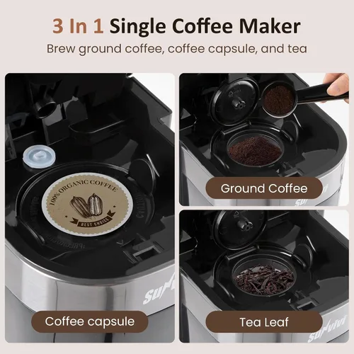Miniatura 2 de Cafetera de una sola porción 3 en 1, cafetera para cápsulas K-Cup, café molido y tés, depósito de agua extraíble de 30 onzas, tamaños de preparación